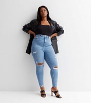 New Look Curves Bright Blue Ripped Knee High Waist Hallie Super Skinny Jeans